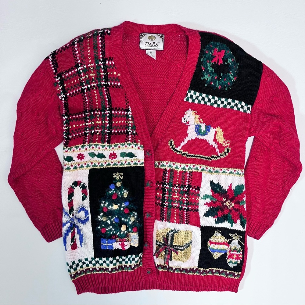 Vintage Christmas Cardigan Sweater by Tiara International Size Medium